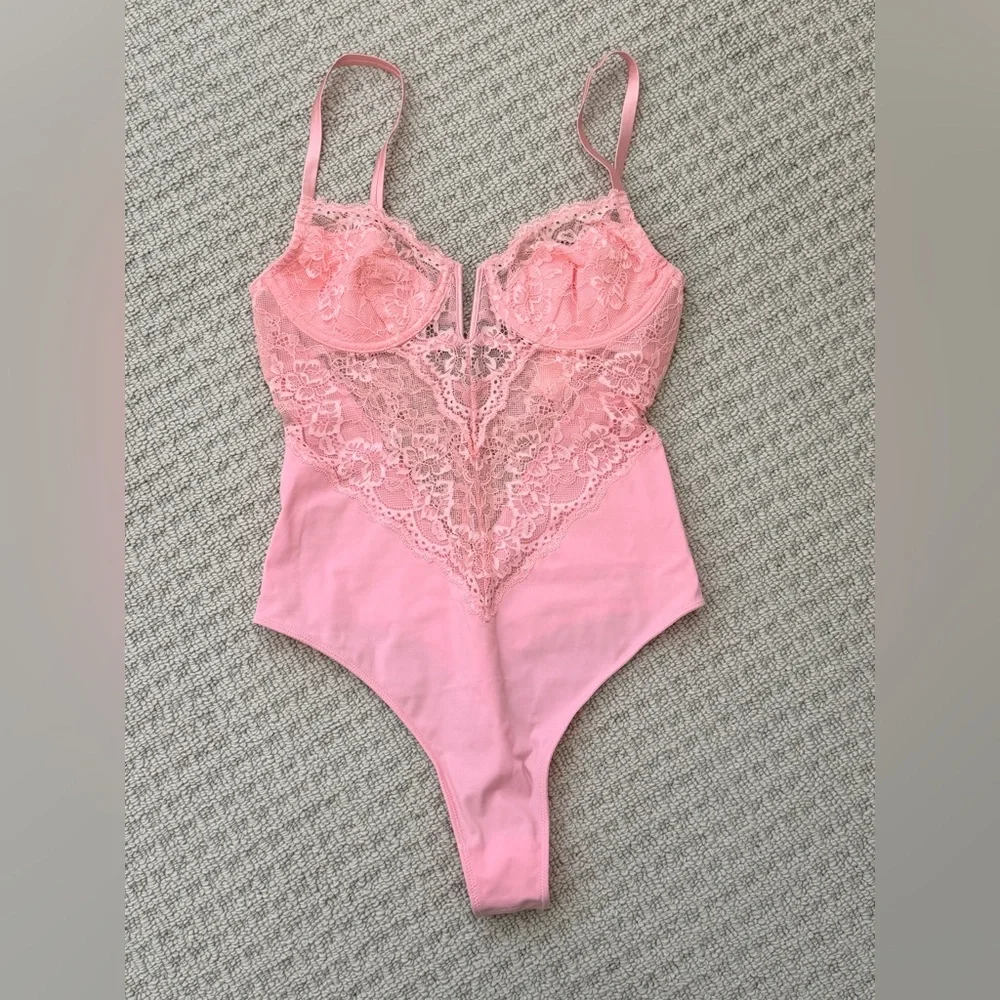Fleur du Mal Pink Lace Bodysuit